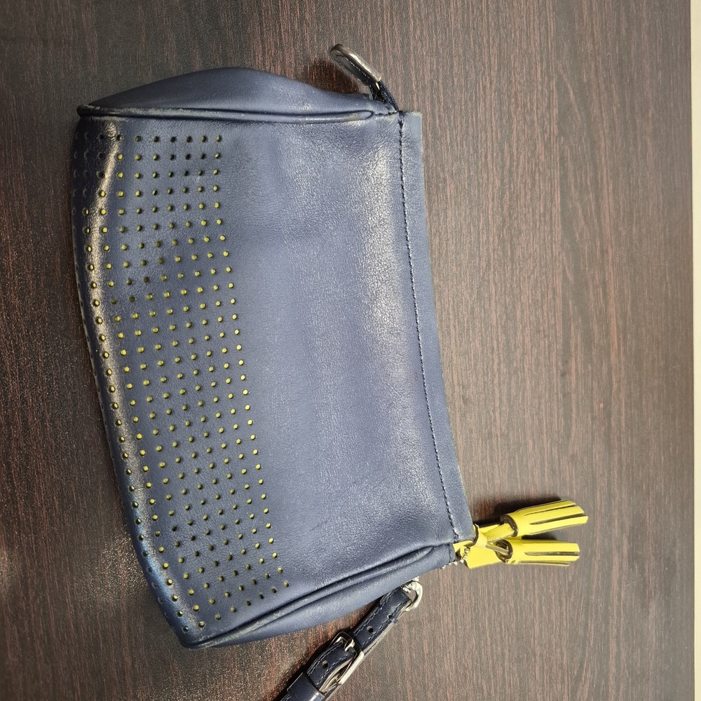 Coach Legacy Navy Blue Perforated Leather Zip Clutch Wristlet with Tassels - Picture 3 of 8